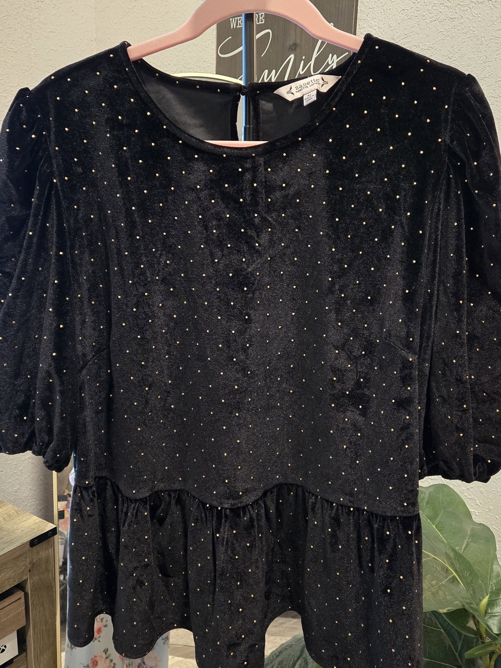 Nanette Lepore Black Velvet Peplum Top with Gold Studs